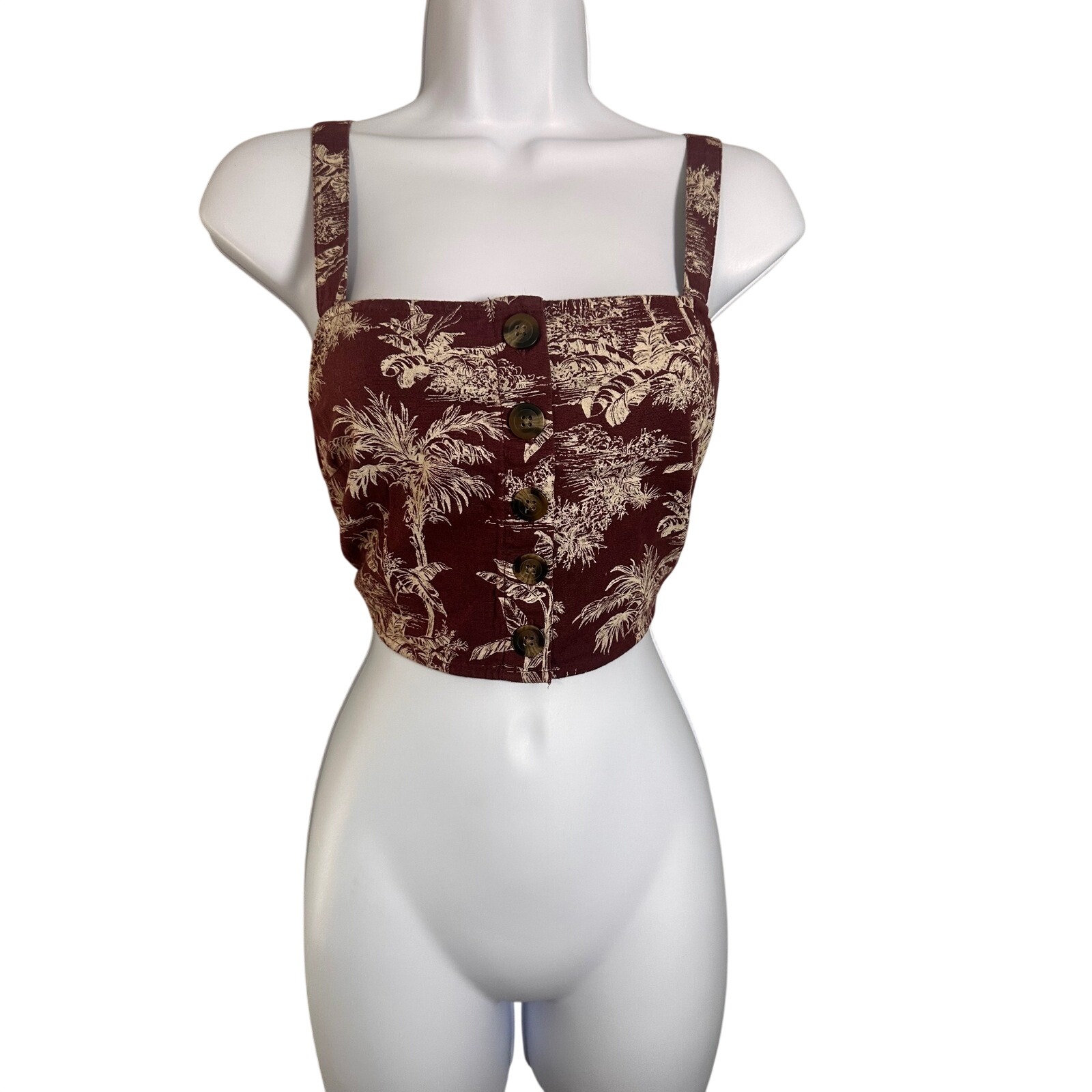 American Eagle Womens Maroon Tropical Palm Toile Linen Blend Button Crop Top M